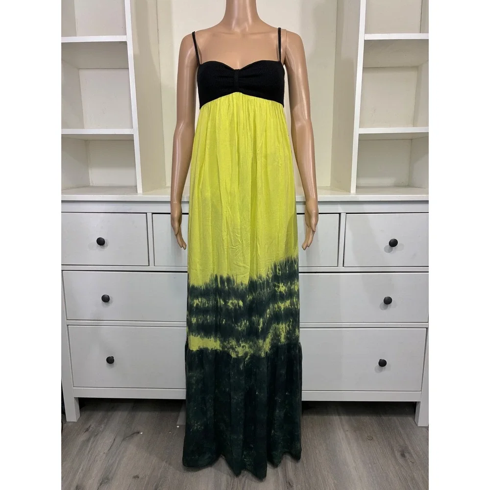 Woodleigh Womens Tie Dye Maxi Dress Black Yellow Green Knit Bodice Boho Small - Picture 1 of 8